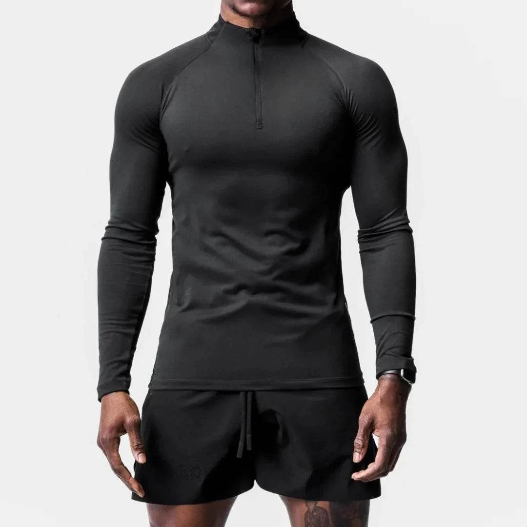 Men's High Neck Compression Shirt Long Sleeve Fitness Top with Zip Hal