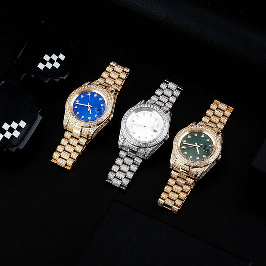 Luxury Men Stainless Steel Iced Bling Zircon Diamonds Quartz Watch