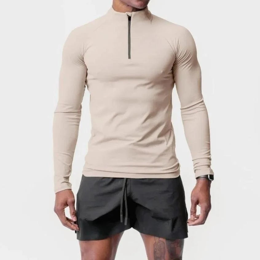 Men's High Neck Compression Shirt Long Sleeve Fitness Top with Zip Hal